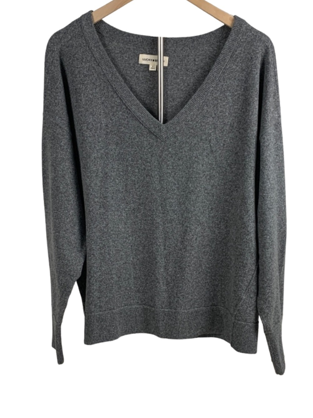 Lucky Brand Cozy Boho Women L Charcoal V-Neck Sweater Relaxed Minimalist Neutral